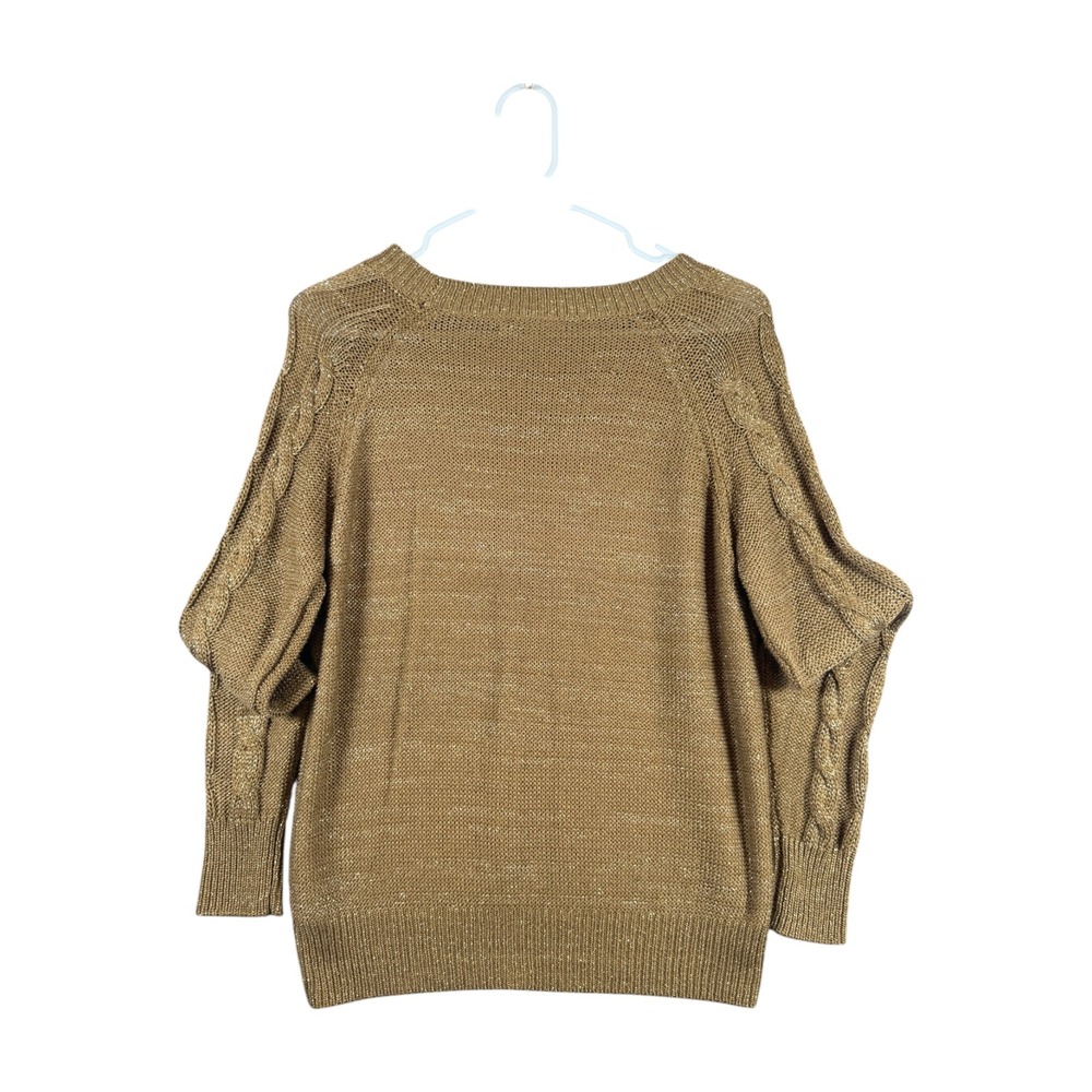 BB Dakota Womens Gold Metallic Cable Knit Diamond Raglan Pullover Sweater Size M - Picture 4 of 4